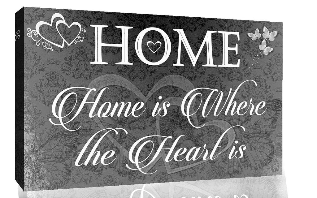 Home is where the heart is quote Black Grey Canvas Wall Art Picture Print