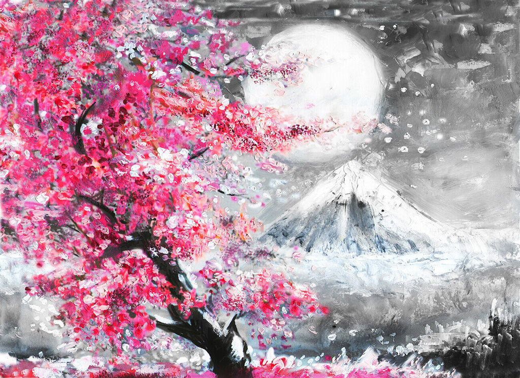 Pink Oil Painting Japan Mount Fuji Cherry Blossom Canvas Wall Art Picture Print