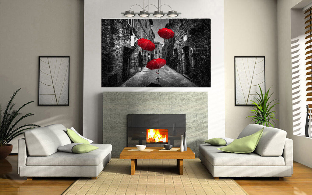 Flying red umbrellas in street in Tuscany Canvas Wall Art Picture Print