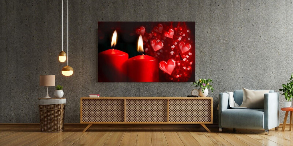 Red Romantic Hearts Candles Love Canvas Wall Art Picture Print