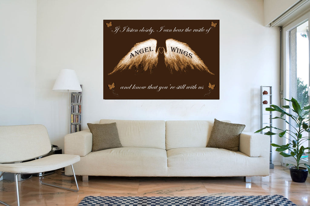 Angel Wings Wall Art Picture 'IF I Listen Closely' Quote Canvas Print Brown