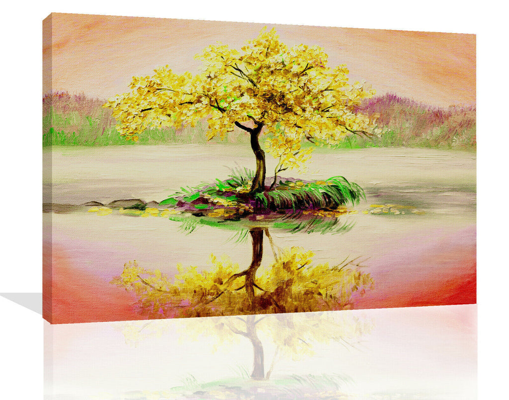 Yellow / Mustard Tree on Lake With Sunset Sky Canvas Wall Art Picture Print