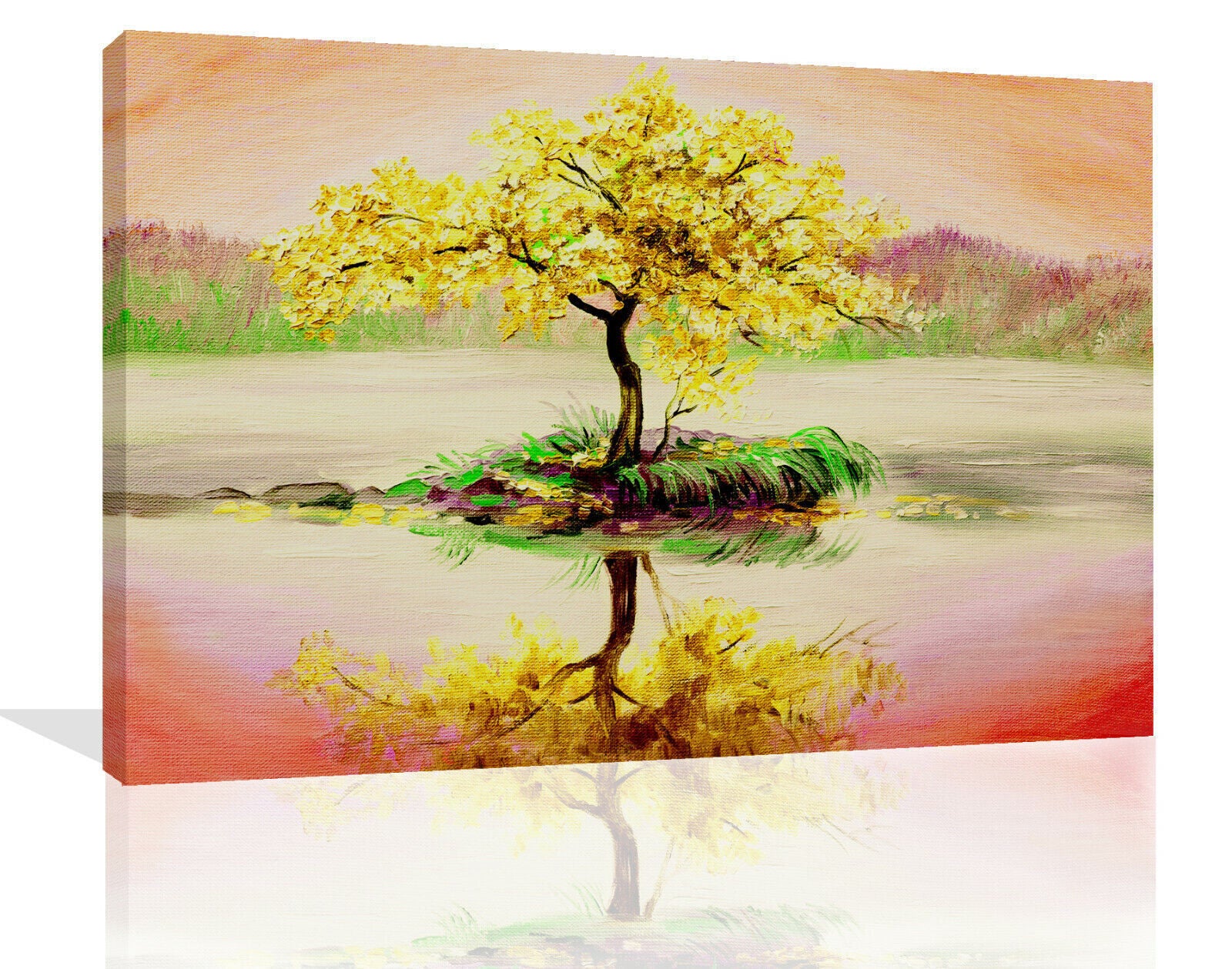 Yellow / Mustard Tree on Lake With Sunset Sky Canvas Wall Art Picture Print