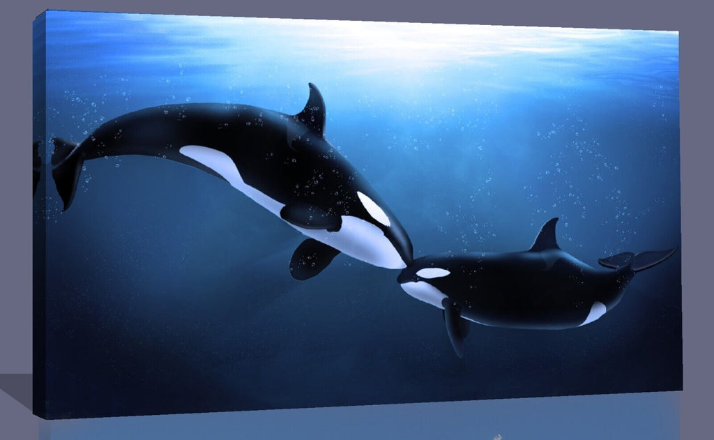 Kissing Whales in Sunlit Ocean Blue Canvas Wall Art Picture Print
