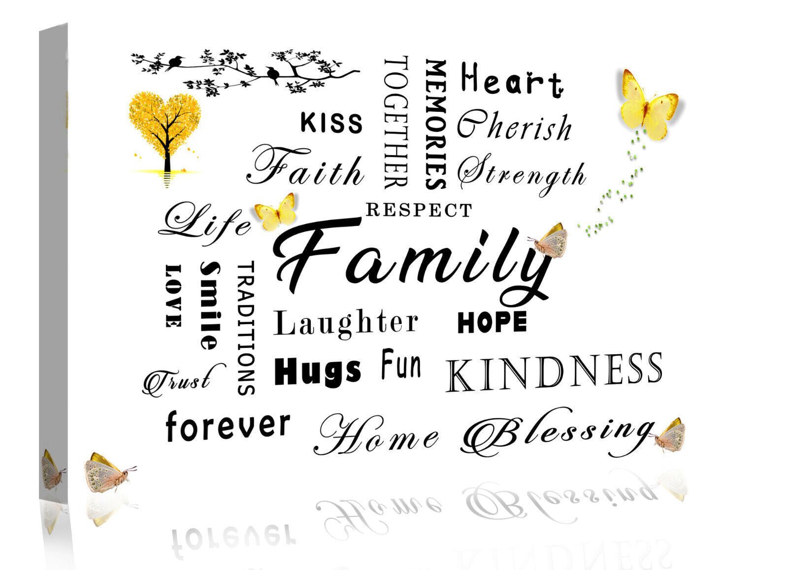 FAMILY QUOTE WORDS YELLOW / MUSTARD BUTTERFLY CANVAS WALL ART Picture Print