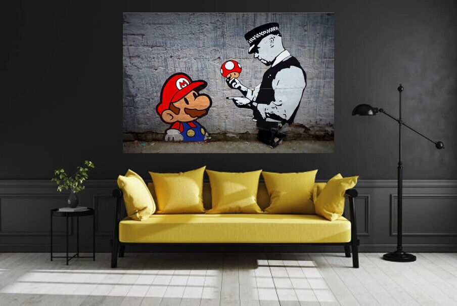 Banksy Mario with Policeman Graffiti Canvas Wall Art Picture Print