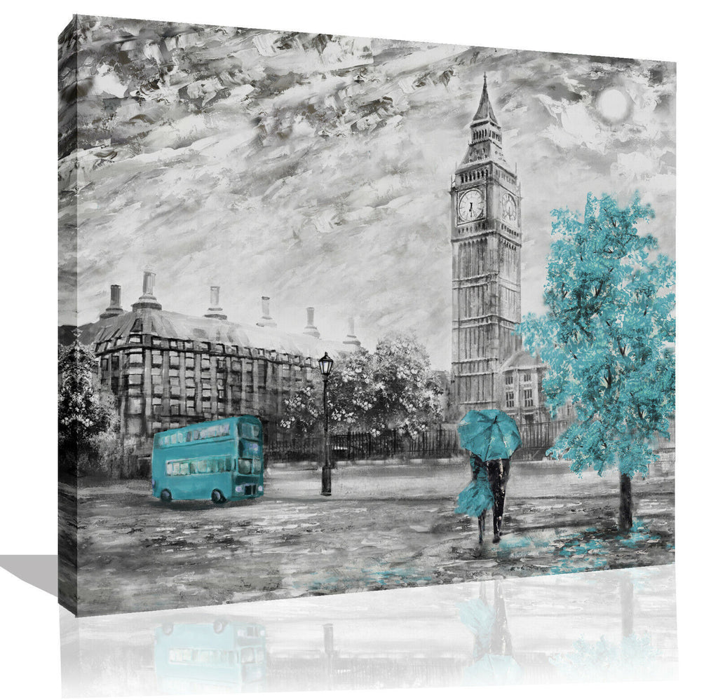 London Oil Painting Duck Egg Blue Bus Umbrella Canvas Wall Art Picture Print