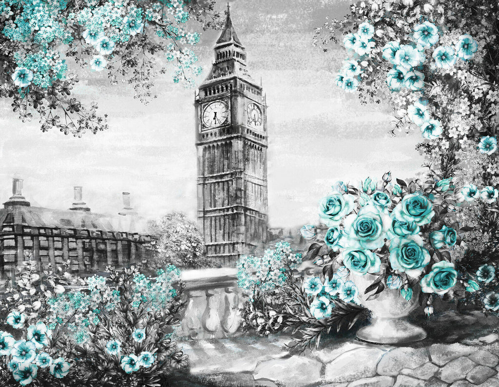Duck Egg Blue Summer In London Floral Canvas Wall Art Picture Print