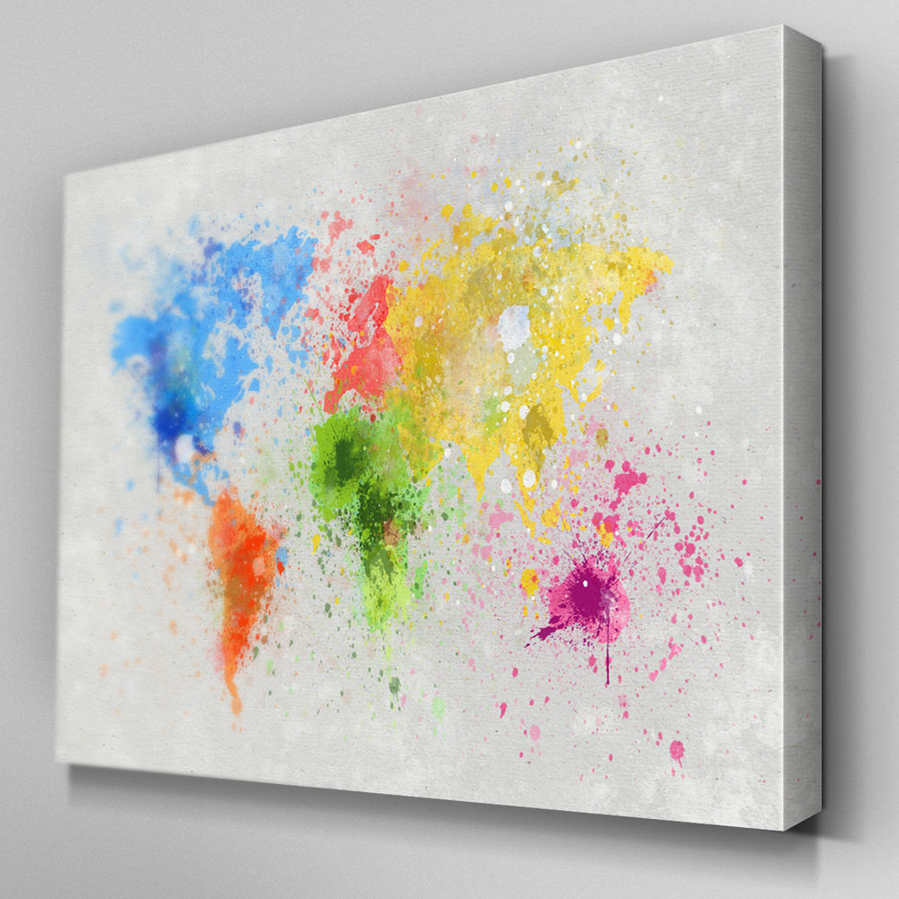 Multicoloured World Map Paint Splatter CANVAS WALL ART Picture Print A4 A1 A2 A3