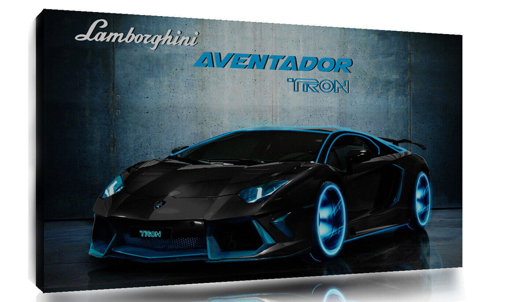 Large Blue Black Lamborghini Aventador Tron Car Canvas Print Wall Art Picture