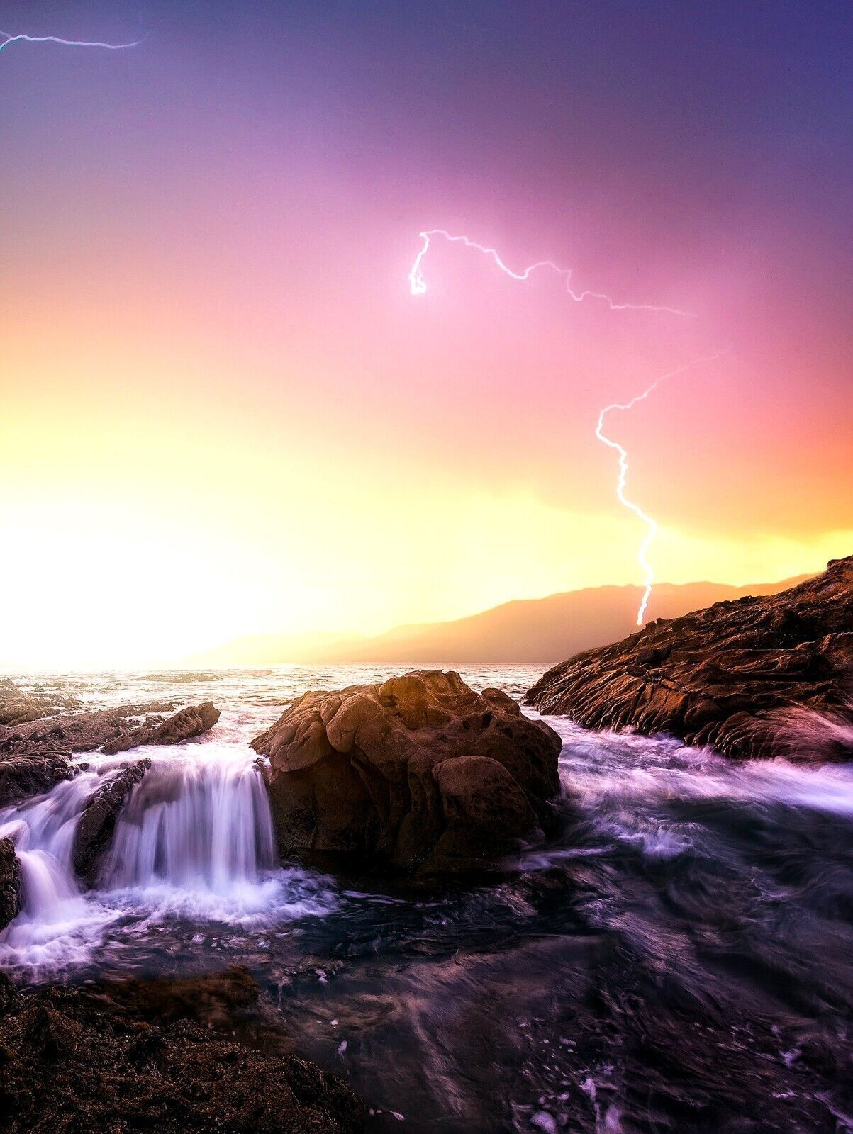 Landscape Lightening above the sea  Canvas Wall Art Picture Print - Purple