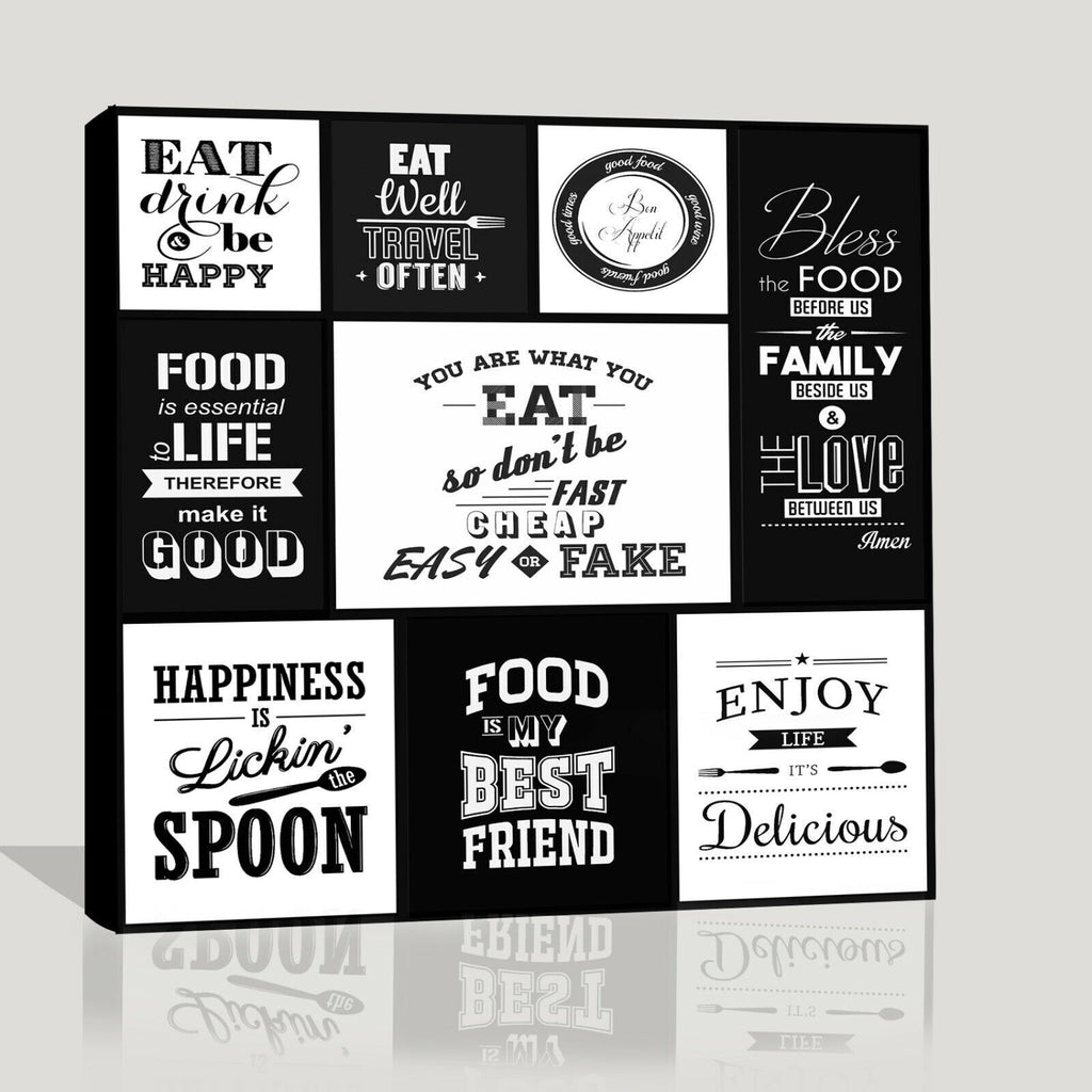Black and White Kitchen Quotes Collage Canvas Wall Art Picture Print