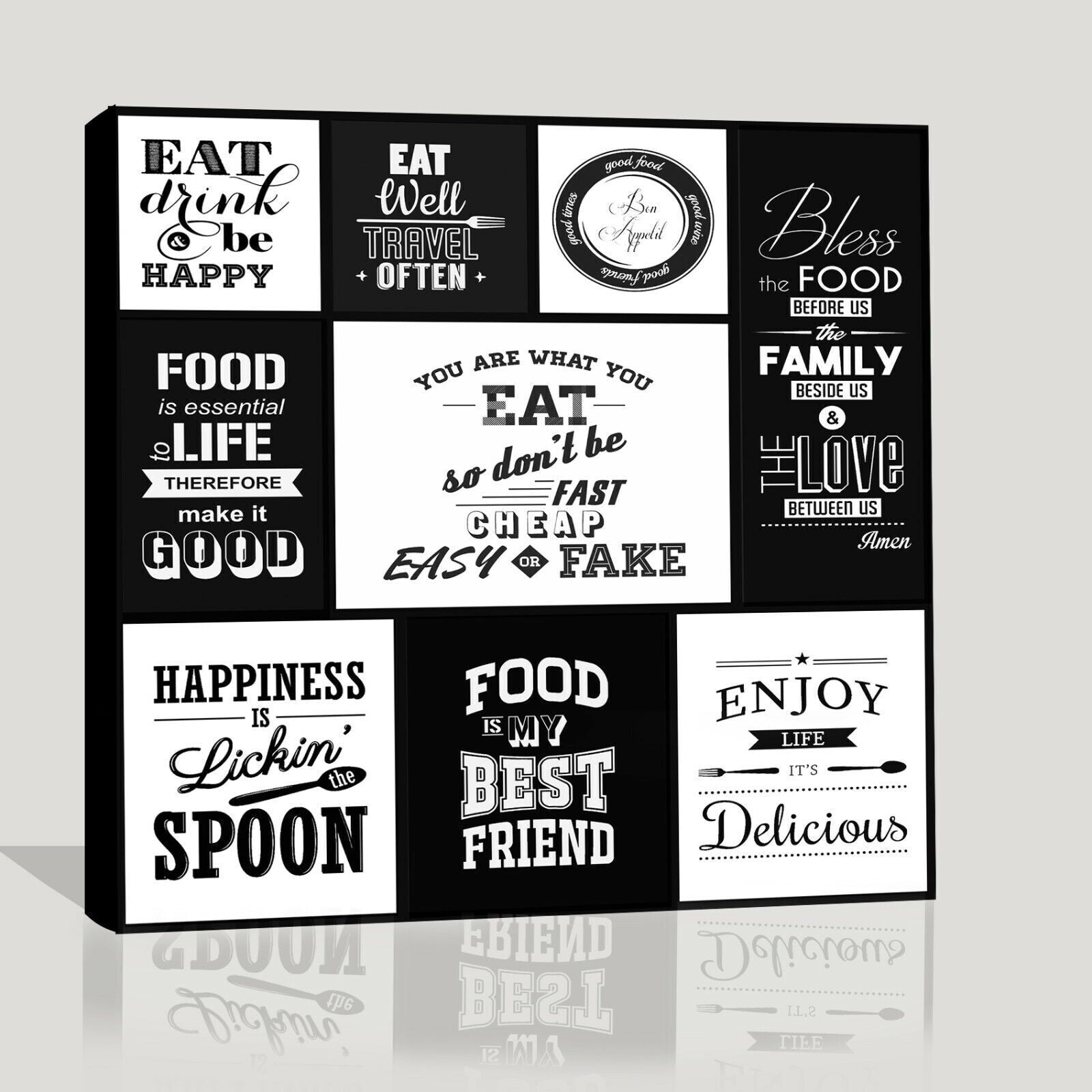 Black and White Kitchen Quotes Collage Canvas Wall Art Picture Print