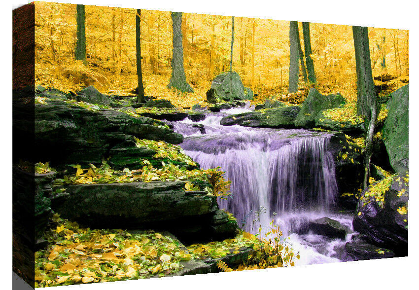Gold Toned Waterfall in Forest Canvas Wall Art Picture Print All sizes & colours