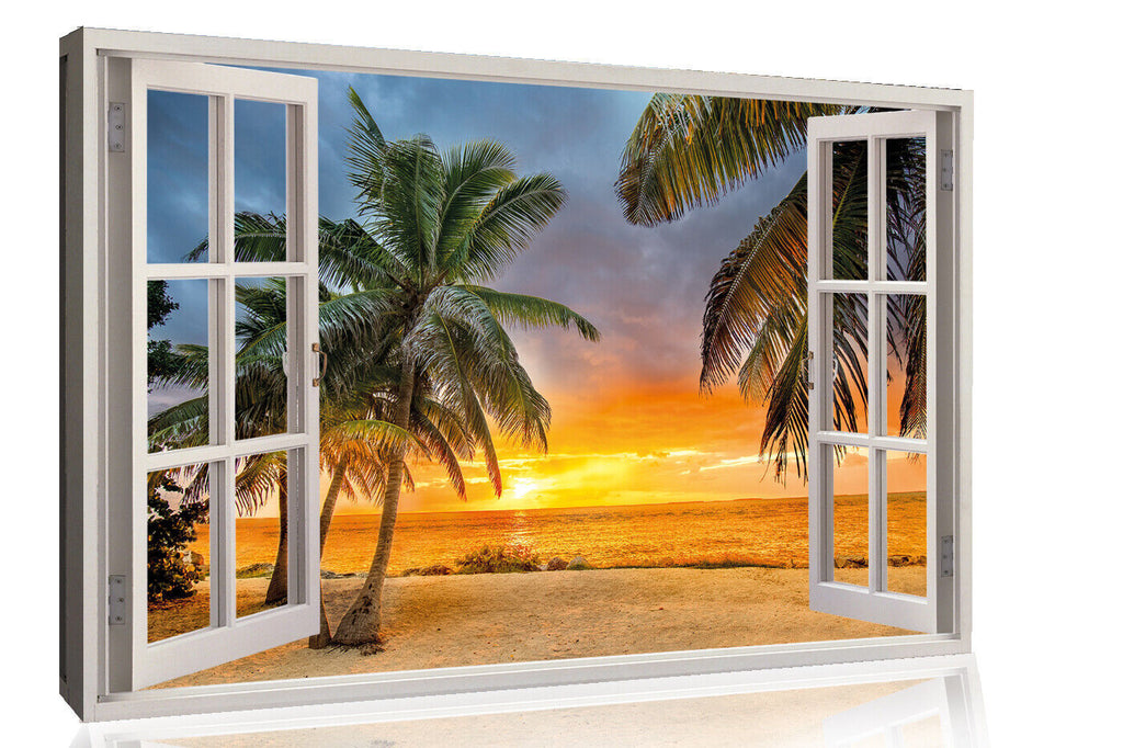 Beach Sunset View 3D Window Effect Canvas Wall Art Picture Print