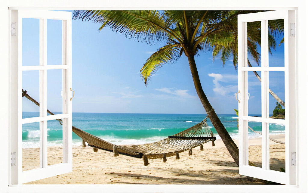 Hammock on Caribbean Beach Through Window CANVAS WALL ART Picture Print