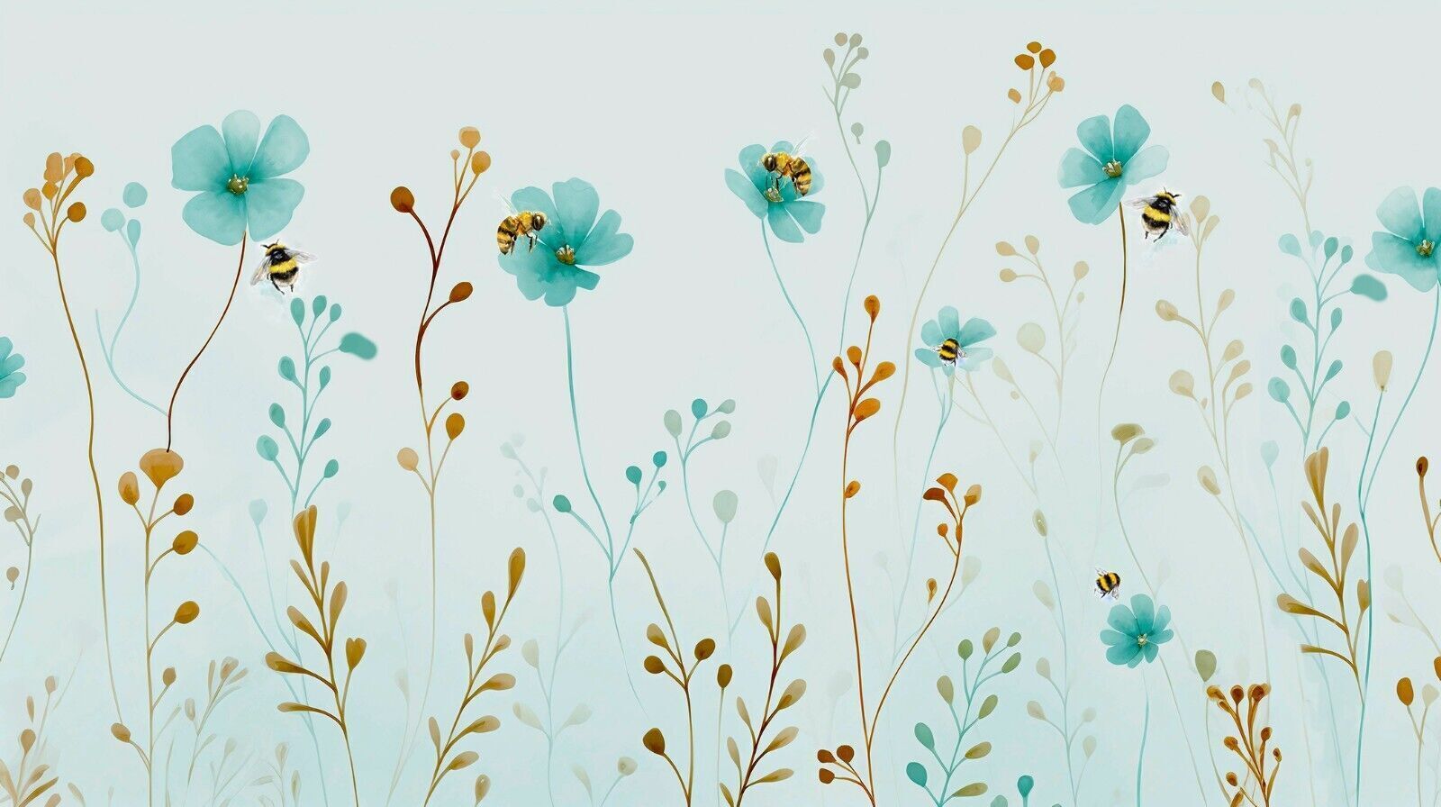 Duck Egg Blue Watercolor Floral Flowers and Bees Canvas Wall Art Picture Print