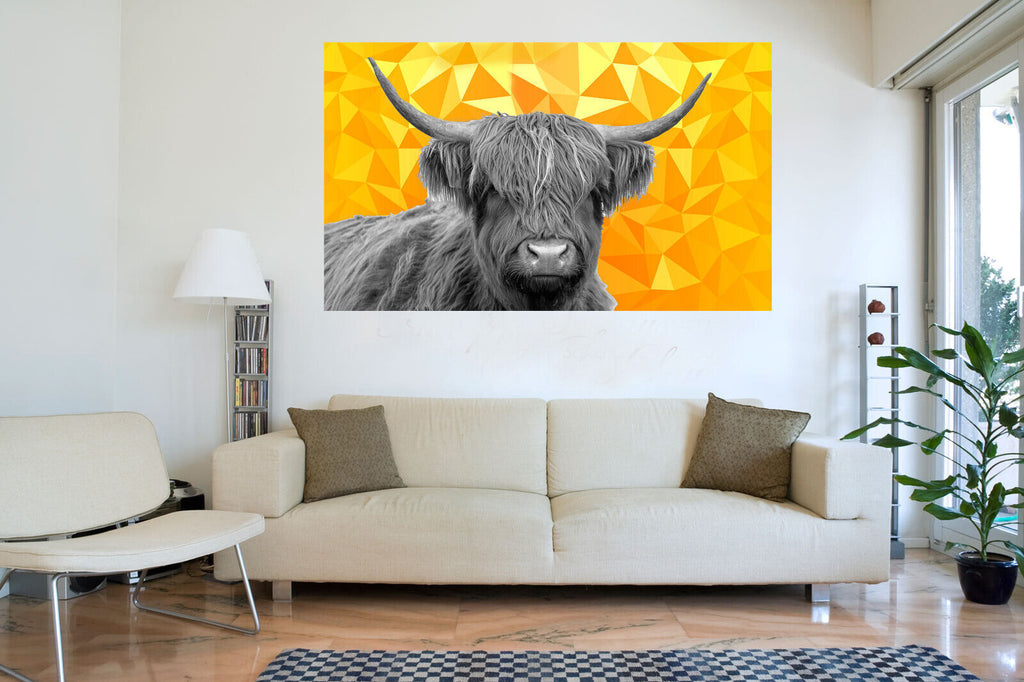 HIGHLAND COW BLACK, WHITE YELLOW / MUSTARD GEO CANVAS WALL ART PRINT ARTWORK