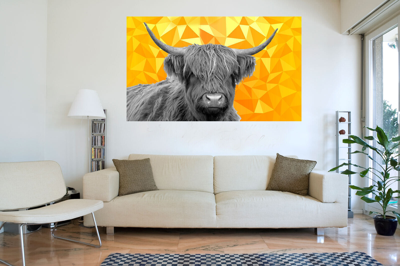 HIGHLAND COW BLACK, WHITE YELLOW / MUSTARD GEO CANVAS WALL ART PRINT ARTWORK