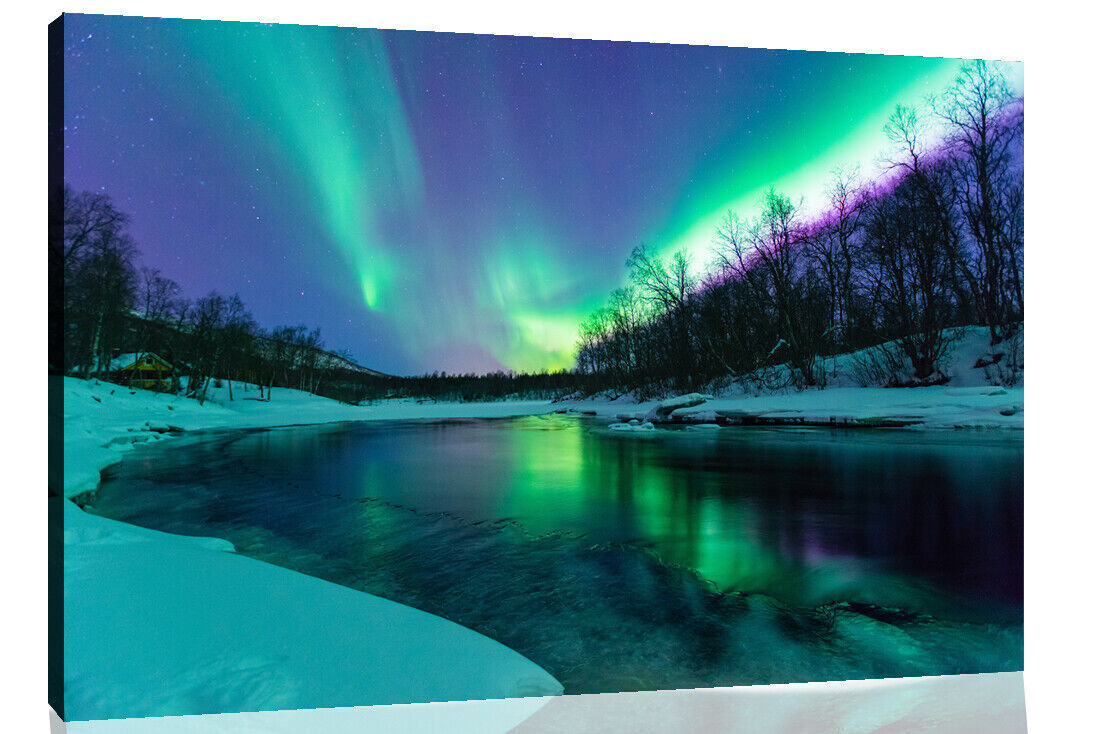 Northern Lights Aurelia Borealis Winter River  Canvas Wall Art Picture Print
