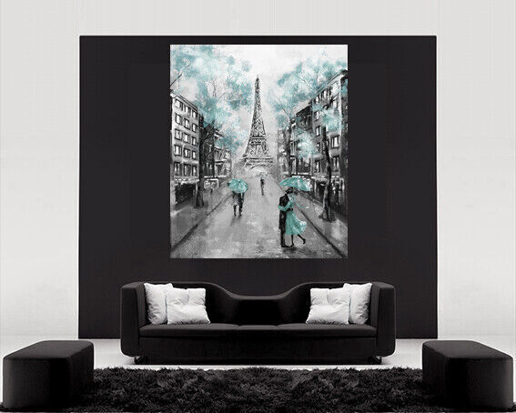 Duck Egg Blue Black & White Paris Oil Painting Canvas Wall Art Picture Print