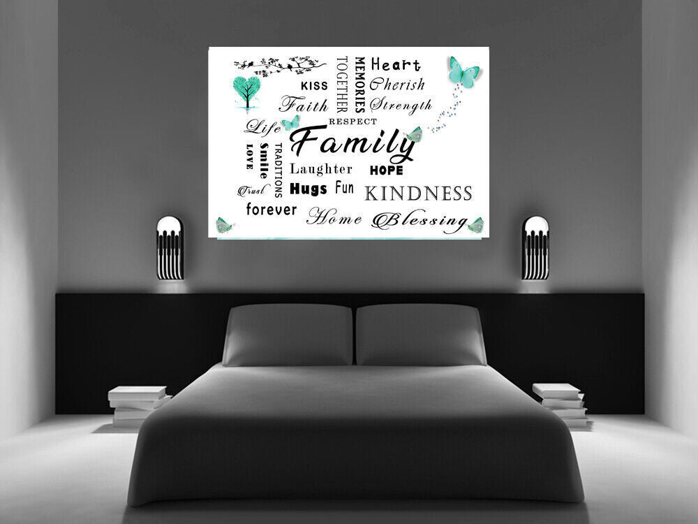 FAMILY QUOTE WORDS DUCK EGG BLUE BUTTERFLY CANVAS WALL ART Picture Print