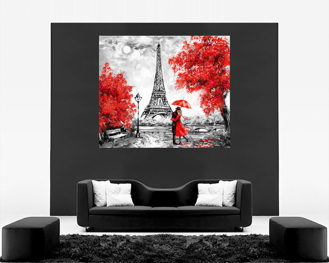 Red Oil Painting Paris Eiffel Tower Umbrella Canvas Wall Art Picture Print
