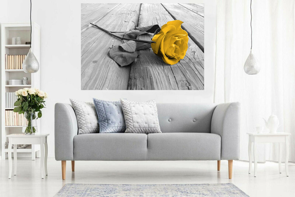 Large Mustard Yellow Grey Rose Flower Canvas Wall Art Picture Print