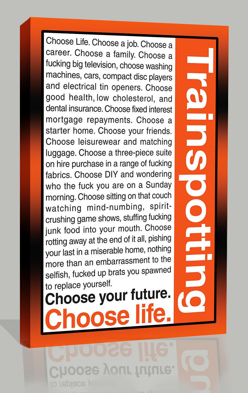 Trainspotting Choose Life Quote Canvas Wall Art Picture Print - Orange & Black