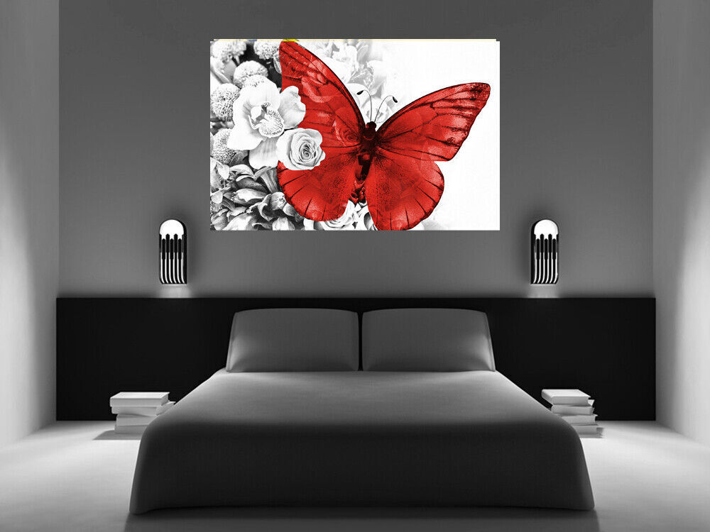 Red butterfly on grey floral abstract background Canvas Wall Art Picture Print