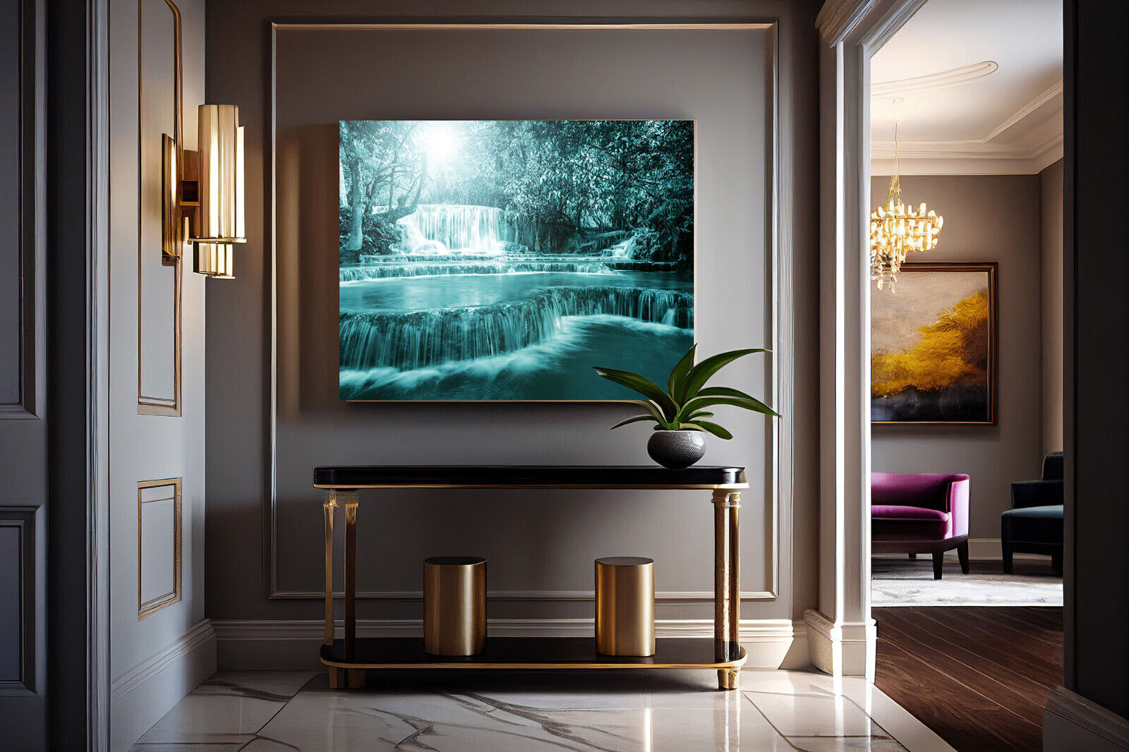 Teal Waterfall Trees Landscape Canvas Wall Art Picture Print