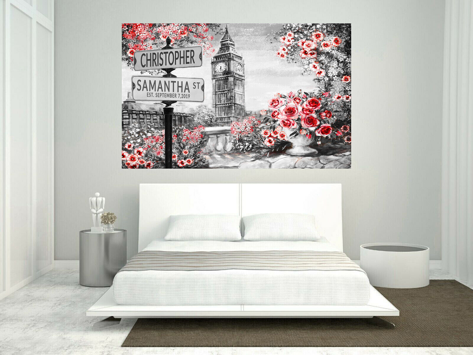 Red Personalized Names & Established Date Street Sign Canvas Wall Art Print