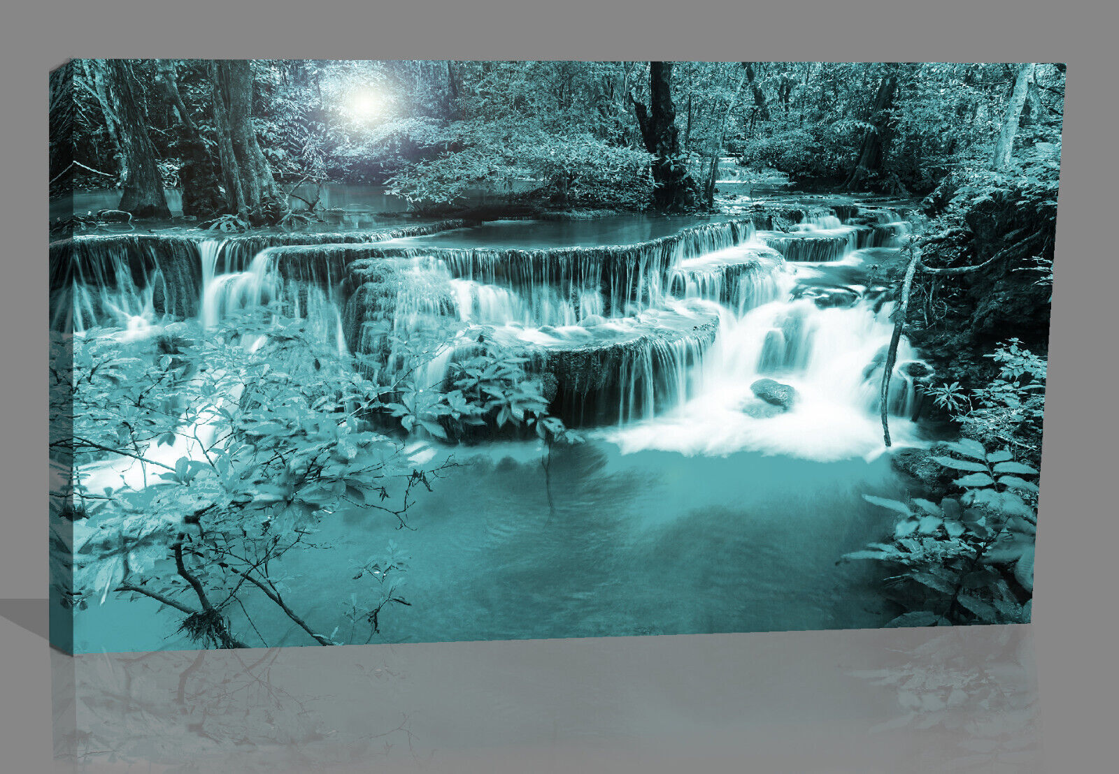 Duck Egg Blue Waterfall Trees Landscape Canvas Wall Art Picture Print