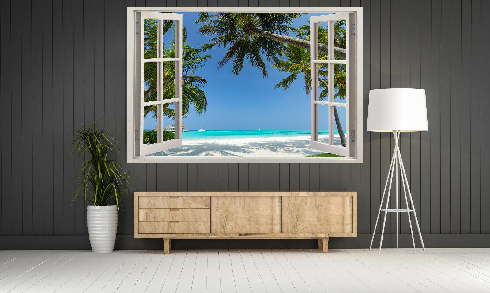 Maldives Tropical Beach View 3D Window Effect Canvas Wall Art Picture Print