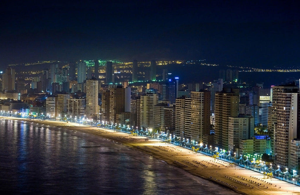 Benidorm Beach Landscape at Night Canvas Wall Art Picture - A1, A2, A0 ALL SIZES