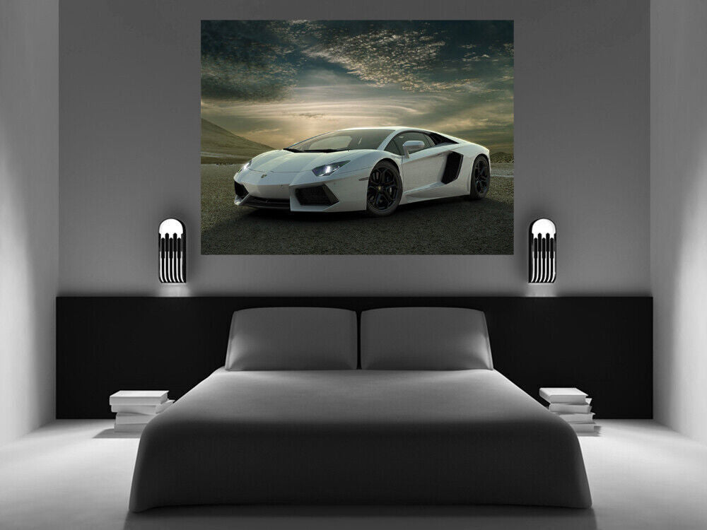 White Lamborghini Super Sports Car Canvas Wall Art Picture Print