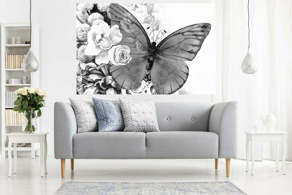 Black & White butterfly floral abstract background Canvas Wall Art Picture Print