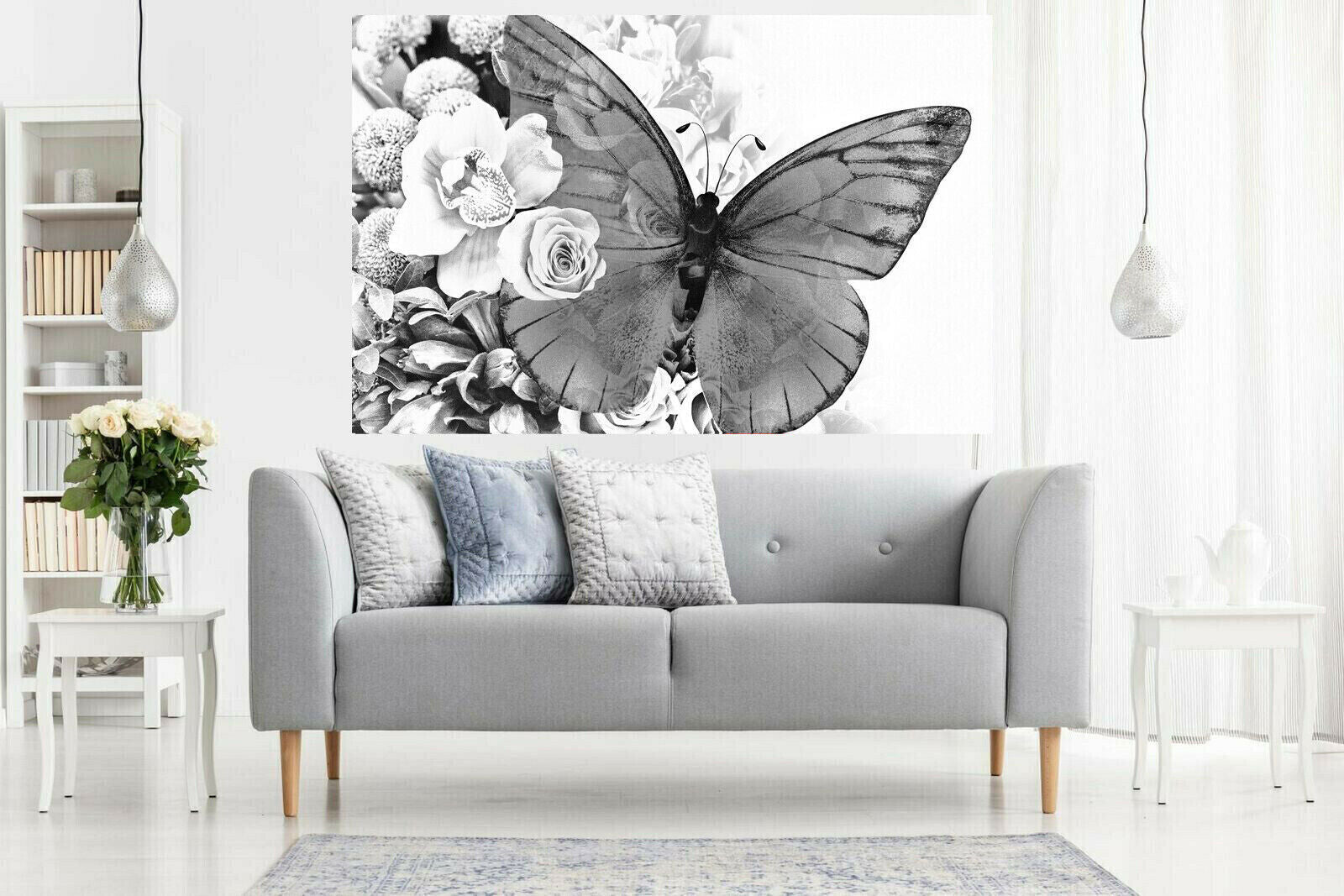 Black & White butterfly floral abstract background Canvas Wall Art Picture Print
