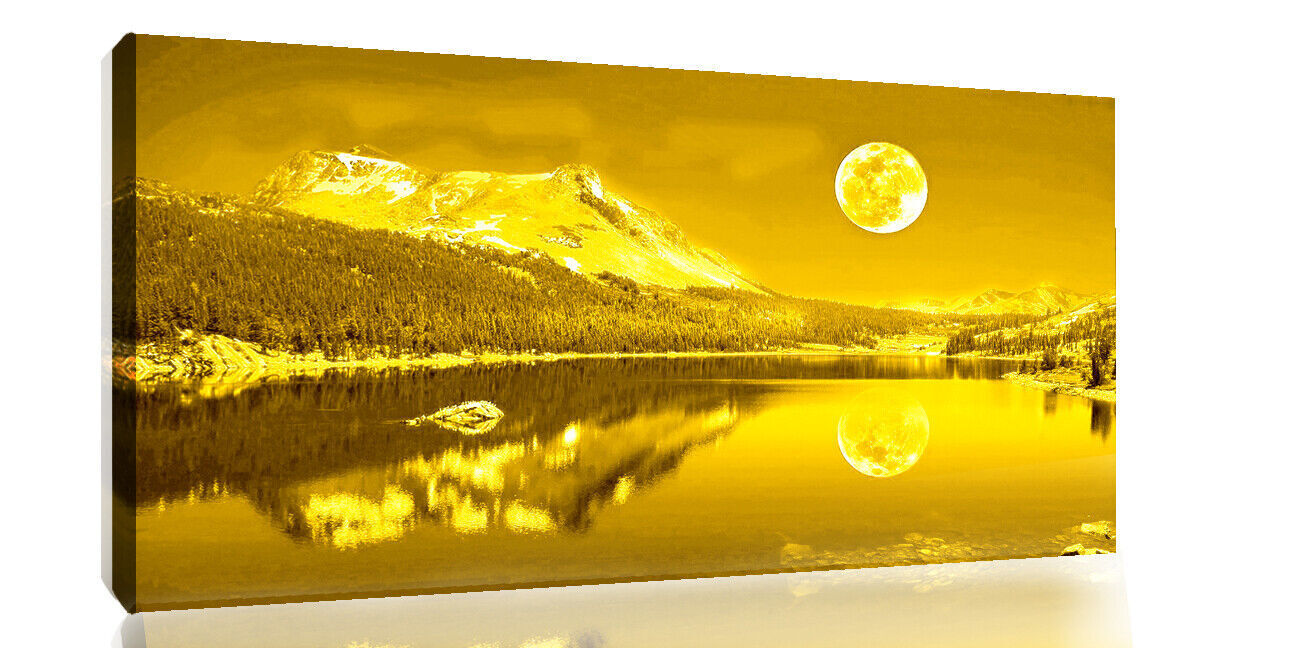Yellow Mustard Moonlit Lake Cotton Canvas Wall Art Picture Print - A1, A2 sizes