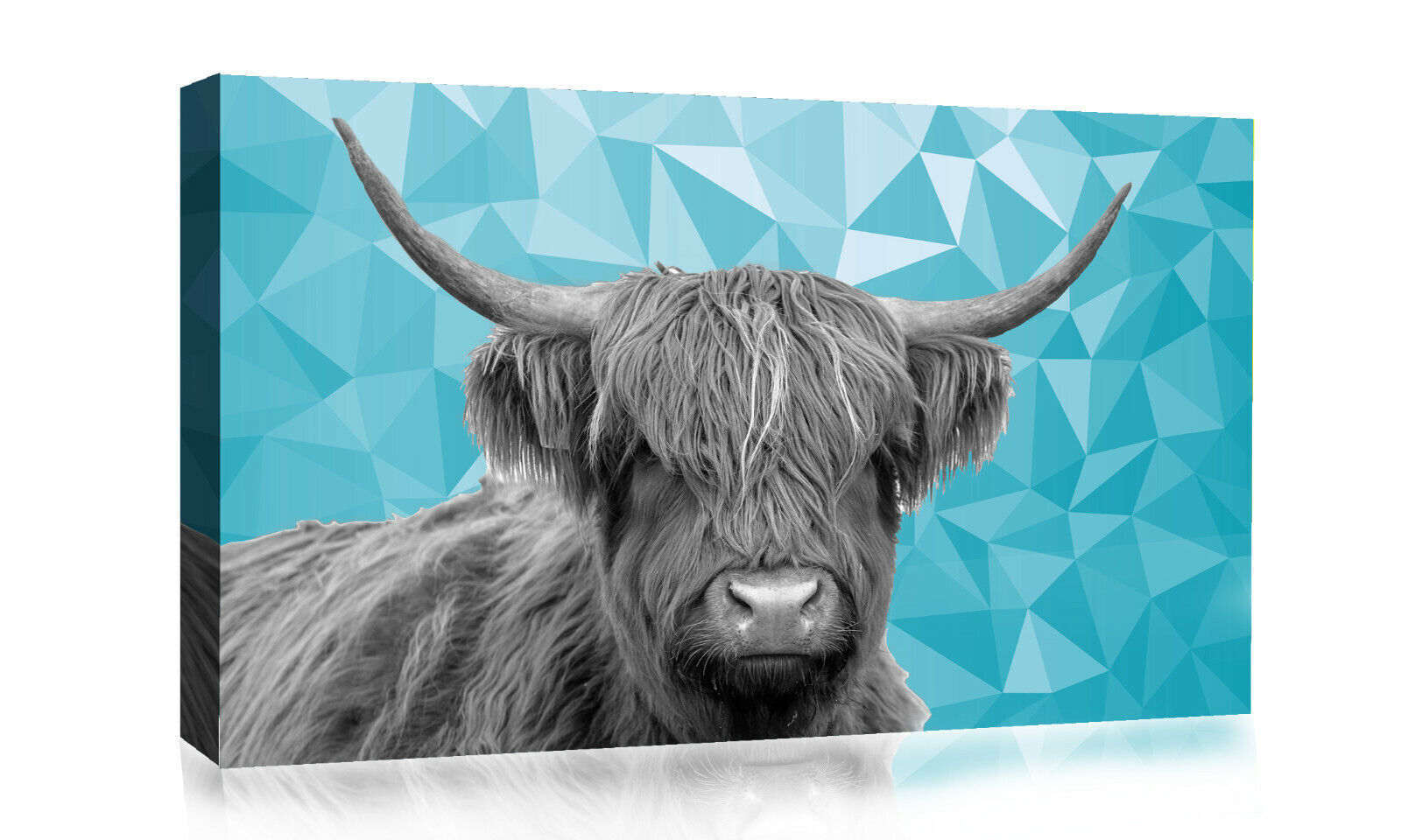 HIGHLAND COW BLACK, WHITE DUCK EGG BLUE GEO CANVAS WALL ART PRINT ARTWORK