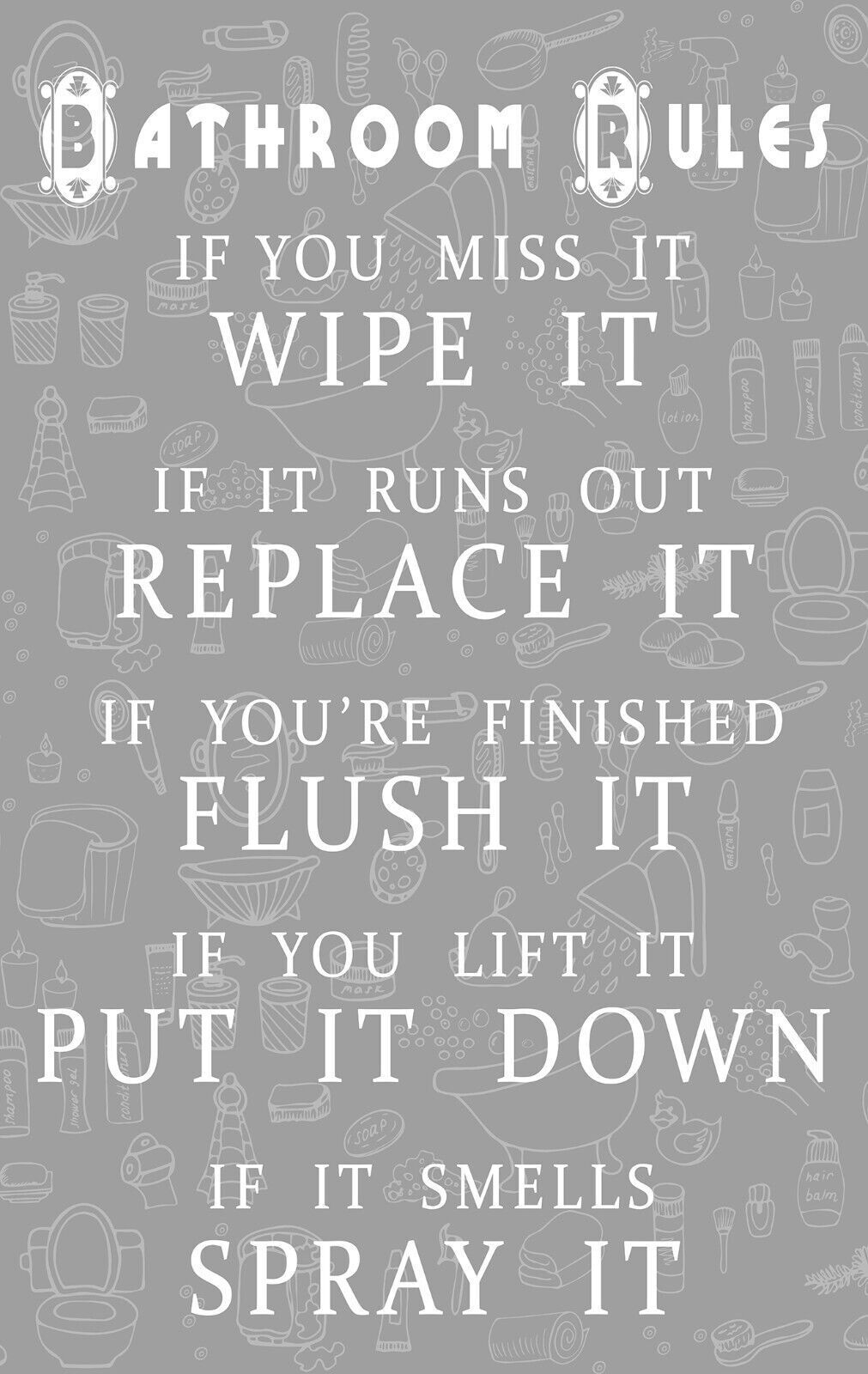 Grey Bathroom Rules Quote CANVAS WALL ART Picture Print