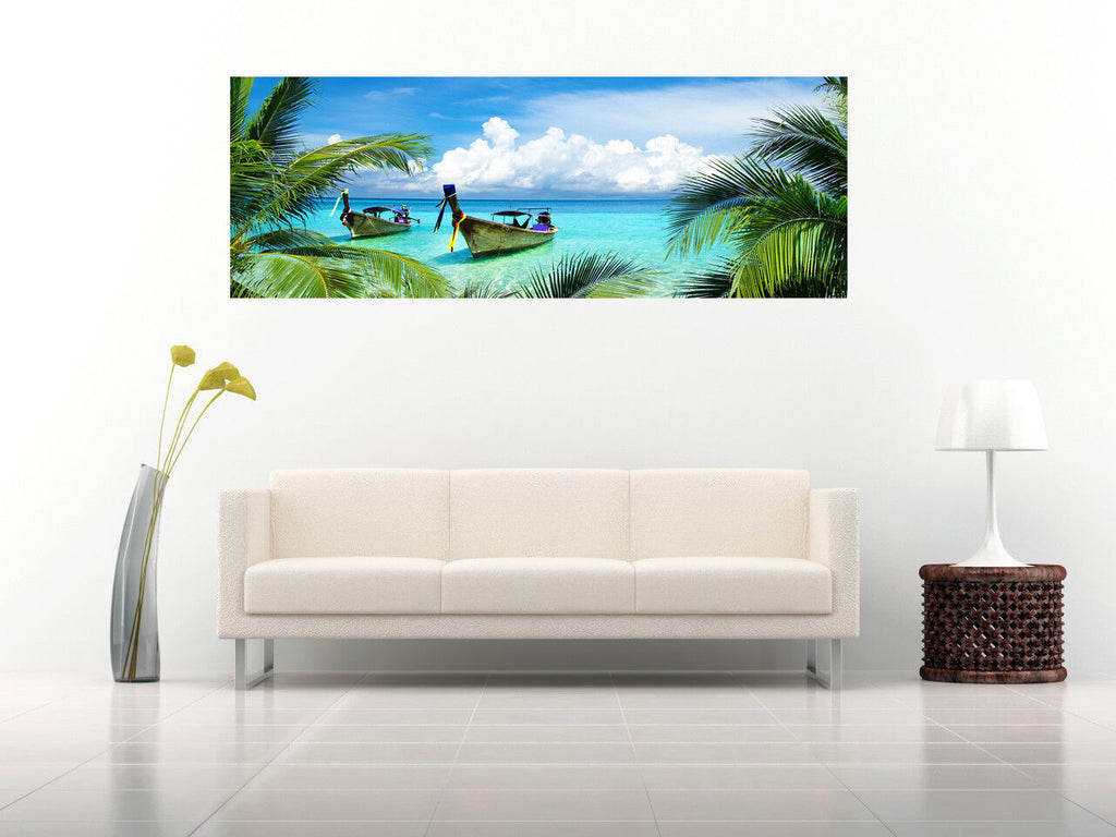 Tropical Palm Trees Beach & Sea Panoramic Canvas Wall Art Picture Print