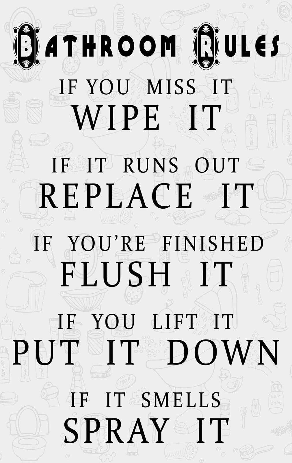 Black, White & Grey Bathroom Rules Quote CANVAS WALL ART Picture Print