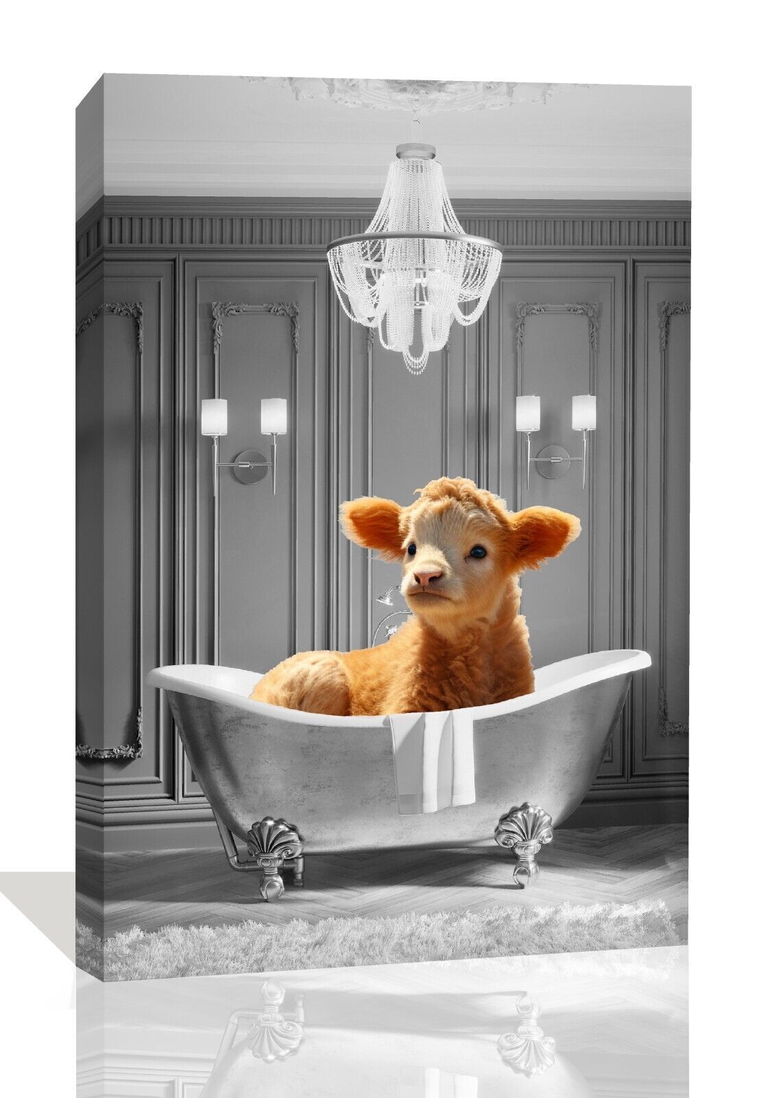 Animal Cute Calf Baby Cow bathing in bathtub Canvas Wall Art Picture Print