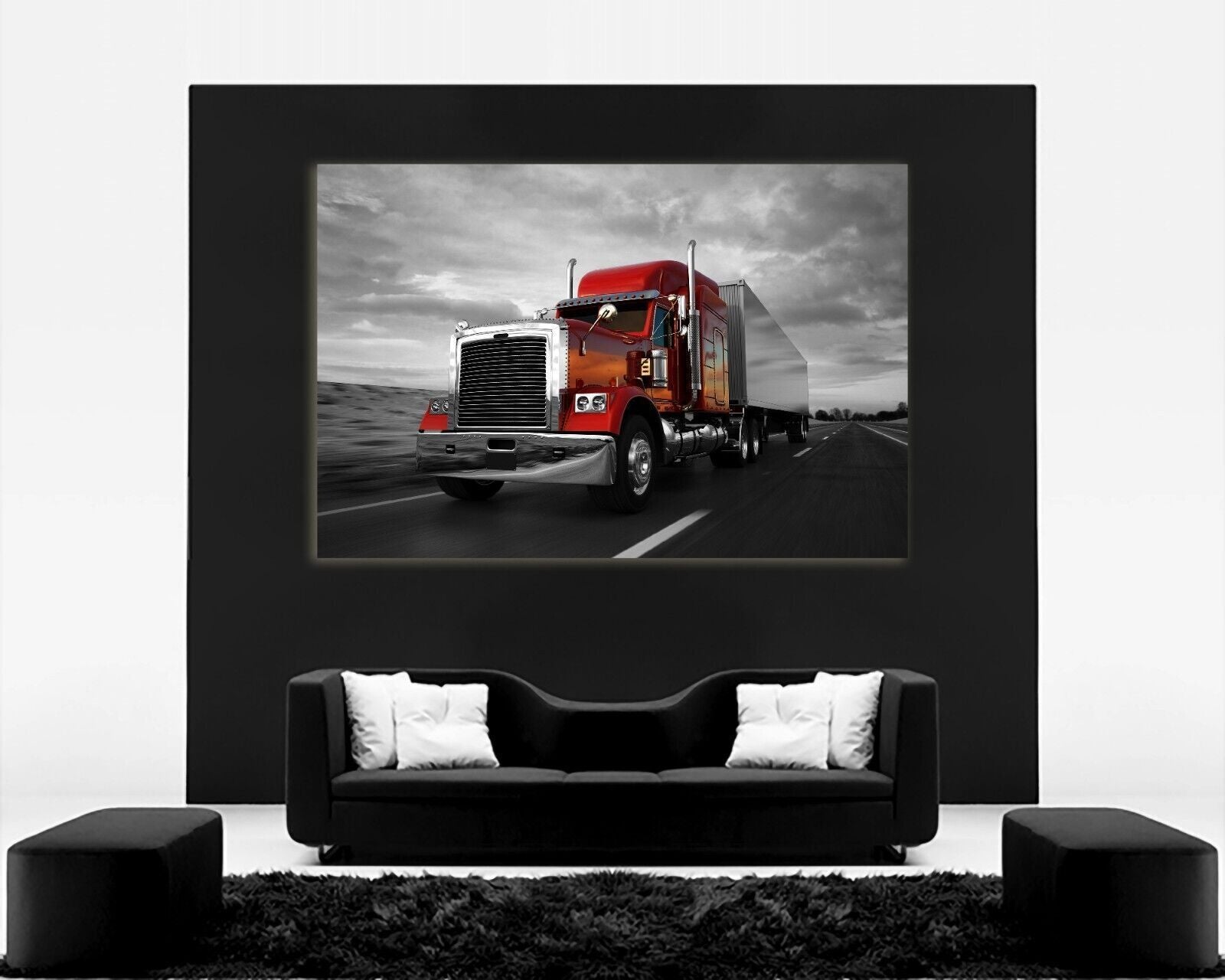 Red Black White Truck on Road Canvas Wall Art Picture Print