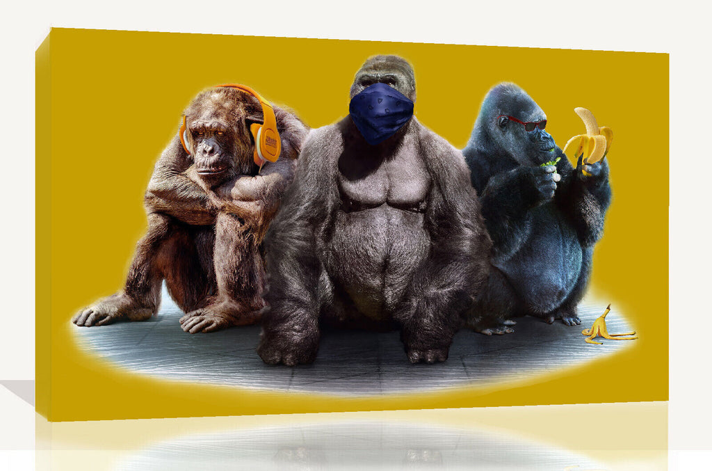 Mustard 3 Modern Wise Gorillas Abstract Canvas Wall Art Picture Print