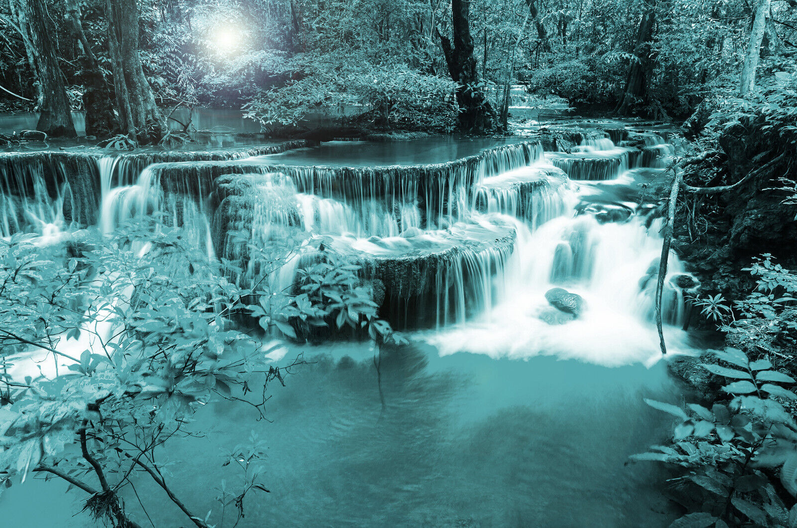 Duck Egg Blue Waterfall Trees Landscape Canvas Wall Art Picture Print
