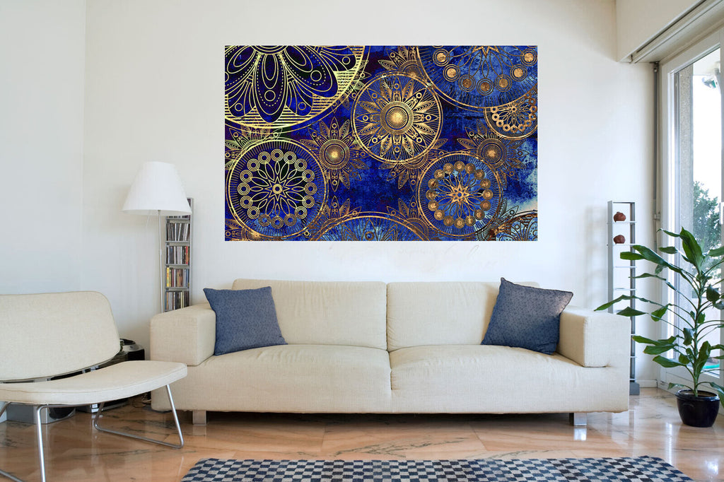 Blue Abstract Peace Indian Mandala Canvas Wall Art Picture Print