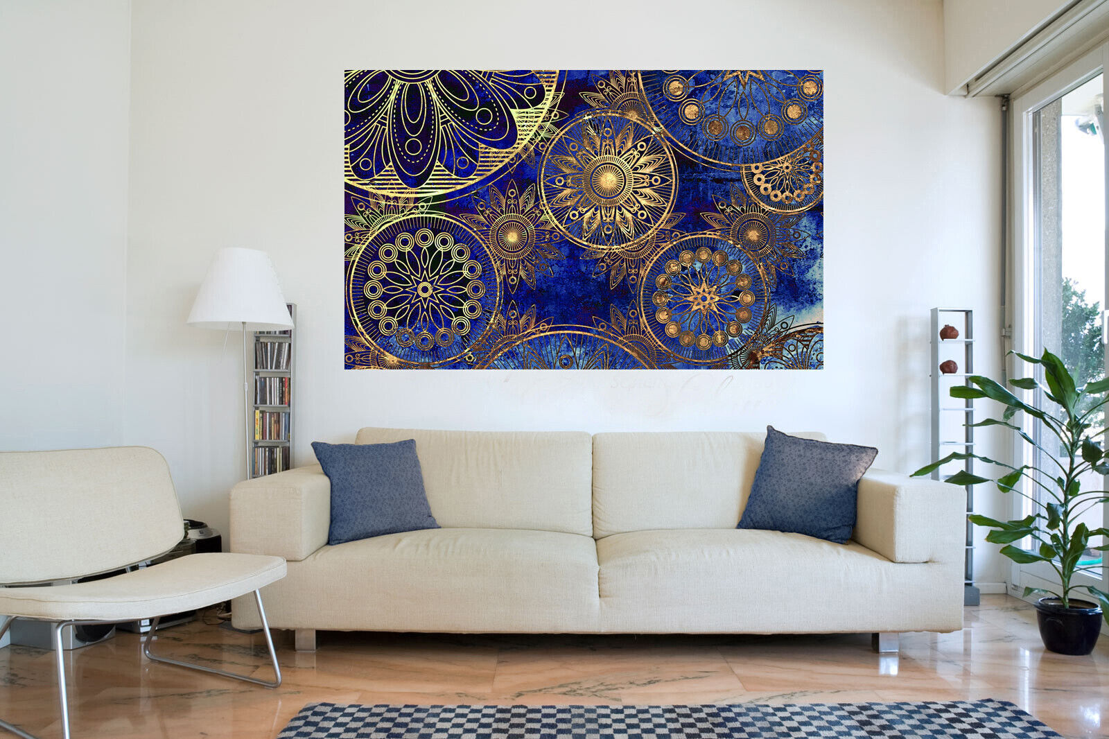 Blue Abstract Peace Indian Mandala Canvas Wall Art Picture Print