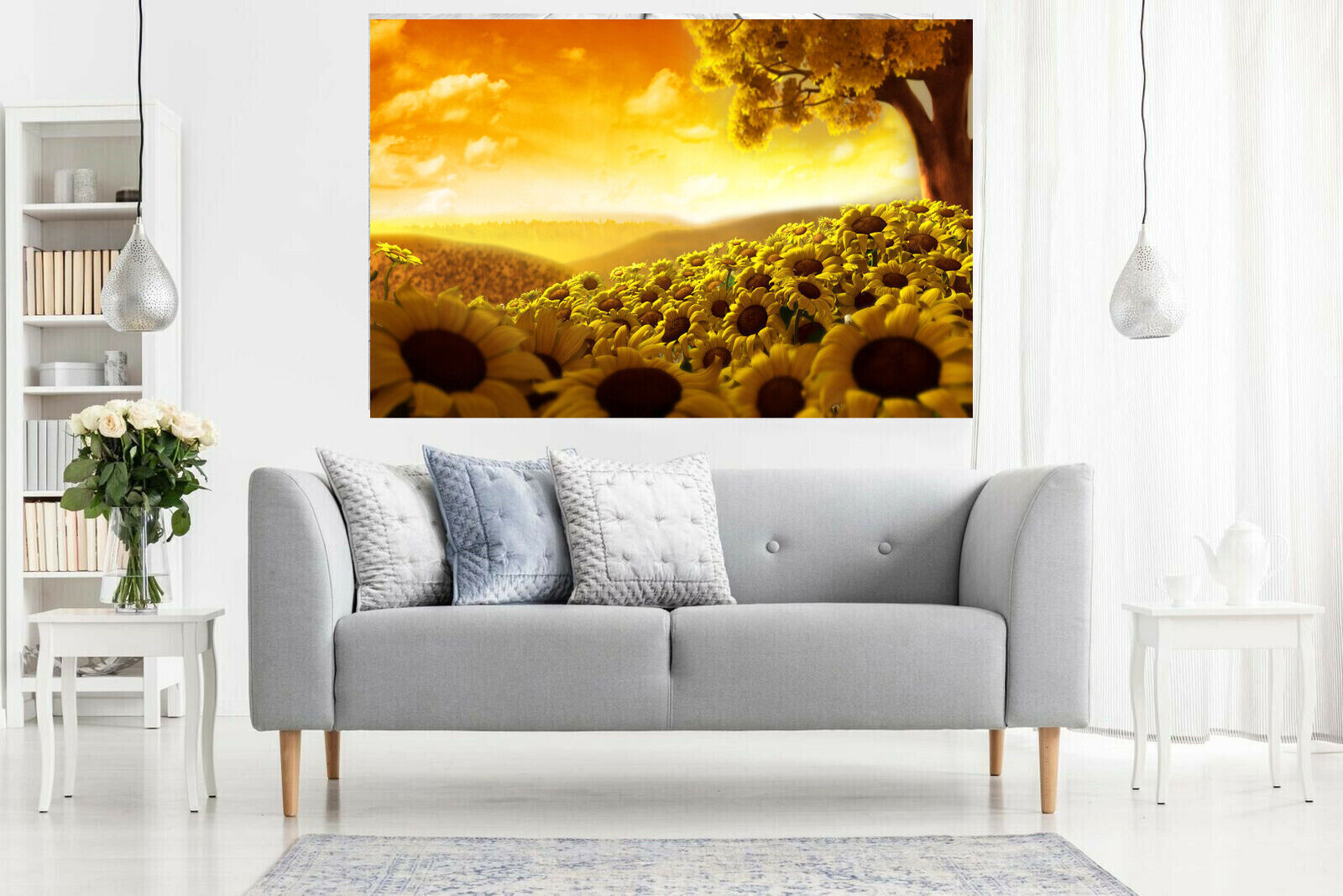 Yellow Tree and Sunflowers in Field CANVAS WALL ART Picture Print